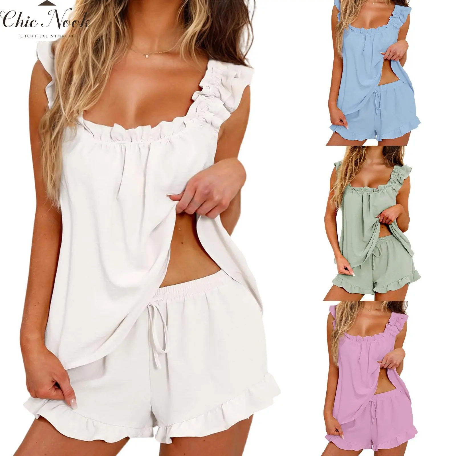 Women's Summer Lounge Set Ruffle Shoulder Strap Tank Tops Drawstring Shorts Sleepwear Sets Women's Summer Lounge Set Ruffle Shoulder Strap Tank Tops Drawstring Shorts Sleepwear Sets