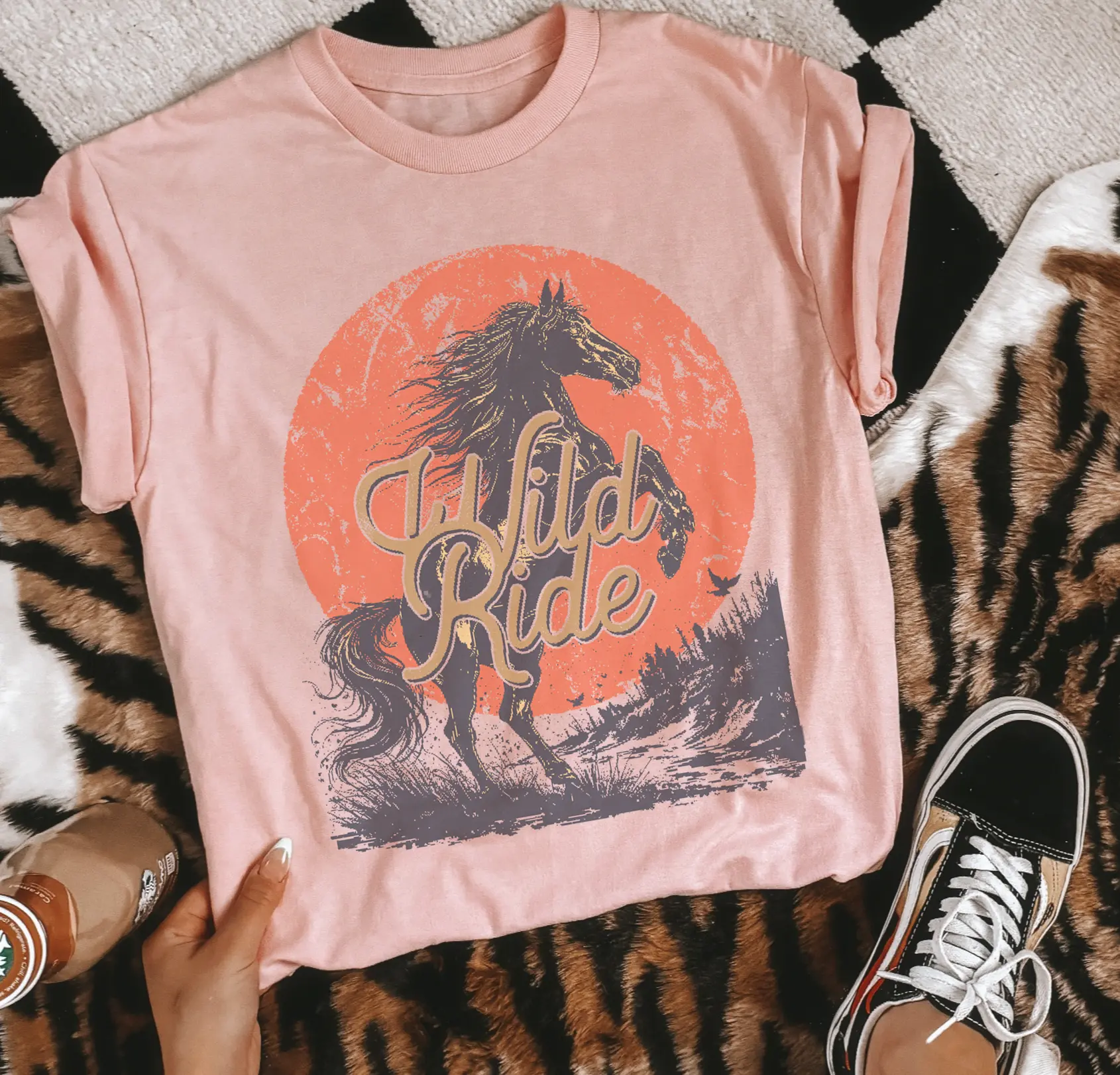 Vintage Western Tshirt Retro BOHO Wild Ride Horse Graphic Tee  Cowgirl Womens Casual Sublimation Graphic Crewneck Horse T-Shirt Cowboy Top