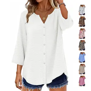 OFEEFAN Button Down Shirts for Women 3/4 Length Sleeve Tops V Neck Blouses Business Casual Outfits Loose Fitmenswear Basic Minimalist
