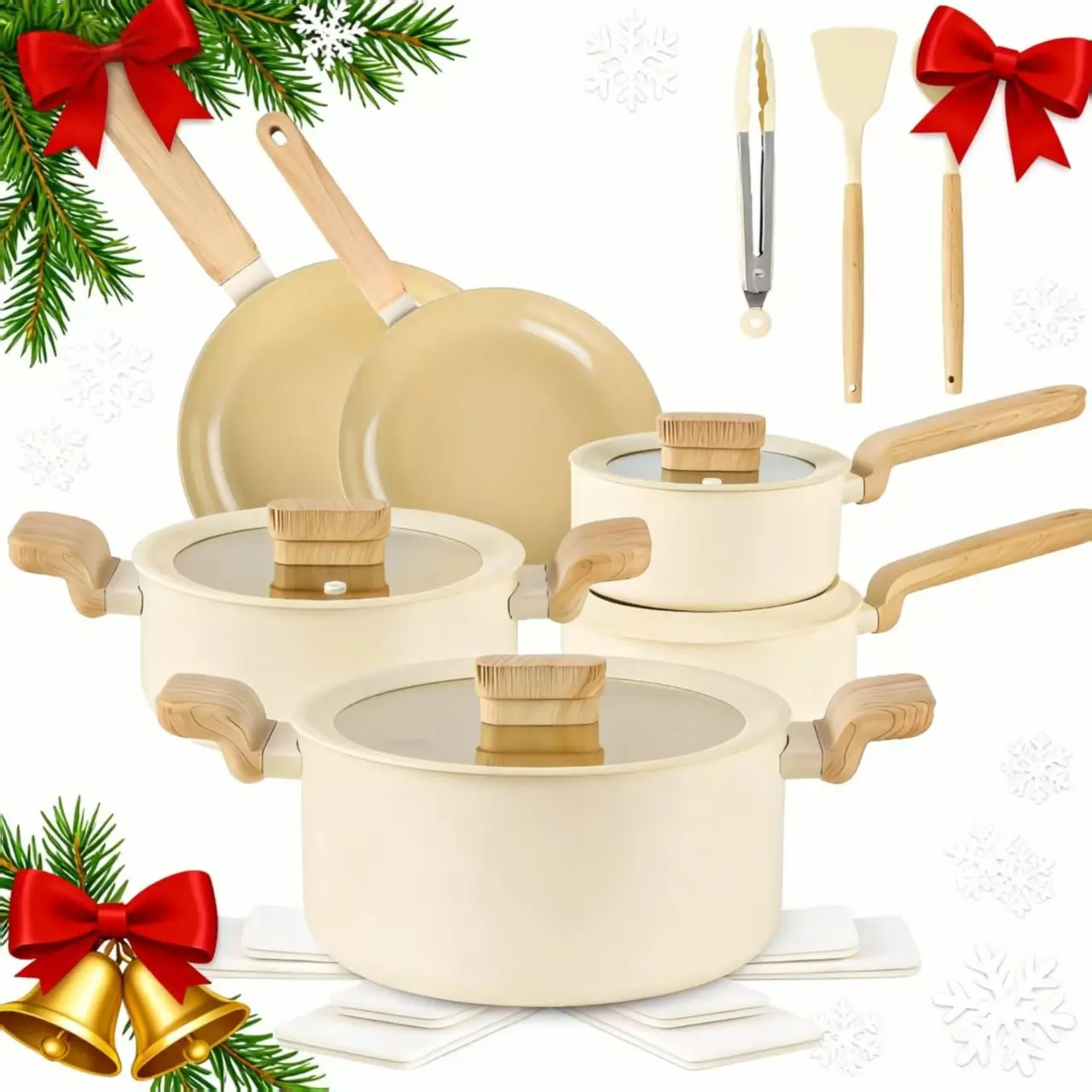 MGKKT 10pcs Nonstick Granite Coating Cookware Set with Glass Lids - Aluminium Body, Wooden Handles, Pots, Saucepans, Small Wok, 4-Hole Egg Frying Pan, Induction & All Stovetop Compatible, Valentine’s Day Gift