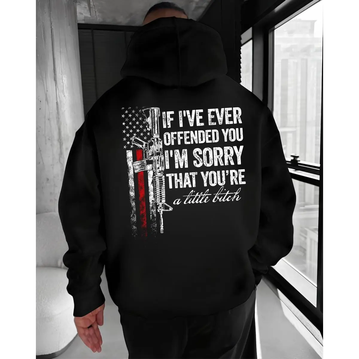 Men's Oversized Pullover Hoodie with "If I've Ever Offended You" Funny Graphic, Long Sleeve Casual Streetwear Top for Halloween, Sweatshirt, Casual Streetwear Hoodie, Easter, Menswear, Graphic Hoodies