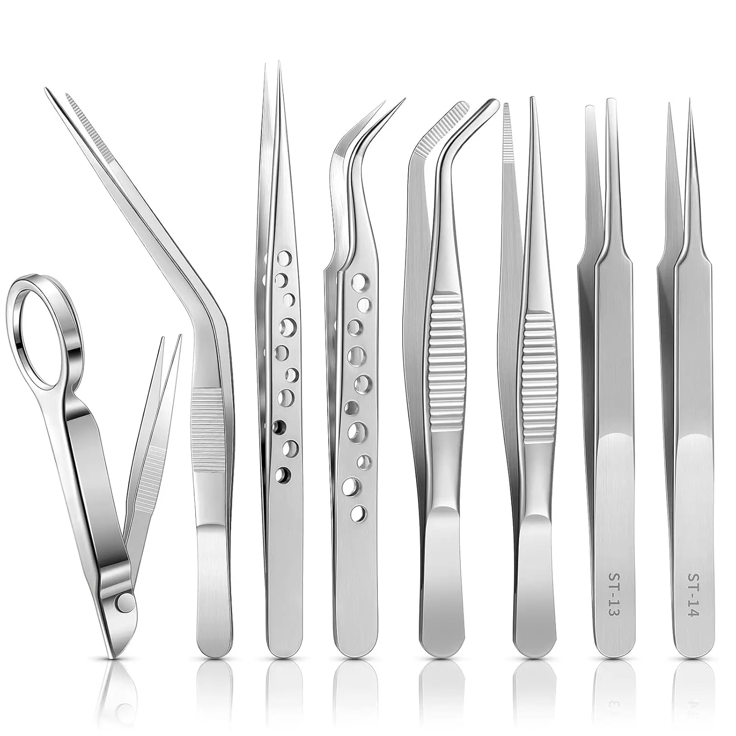 8 Pcs Tweezers Set Stainless Steel Tweezers Forceps with Magnifying Glass Straight Fine Point Forceps Curved Round Flat Tip Tweezers 9 Holes Straight Curved Tip Tweezers for Beauty Craft Daily Makeup Smooth