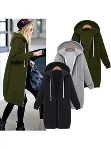 Autumn/Winter Women's Hooded Long Sleeve Medium-Length Sweatshirt Fleece Jacket Blue White Zipper-Up Chain Link Large Size