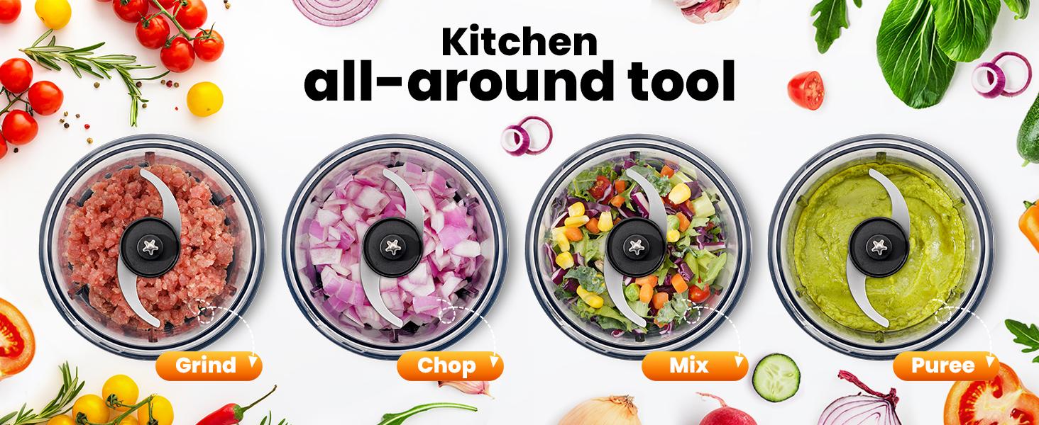Food Processor 4 Cup, Electric Food Chopper, 【Small but Powerful】Meat Grinder with 2 Bowls, 2 Speed & 4 Blades for Vegetable, Meat, Nuts, Functions for Chopping, Dicing, Mixing and Puree