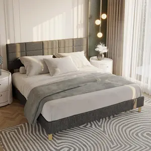 Twin Size Upholstered Bed Frame with 12 Grid Headboard, Fabric Platform with Wood Slats Support, No Noise, Space Saving for Kids Room or Small Bedroom, Easy Assembly, Light Gray Linen