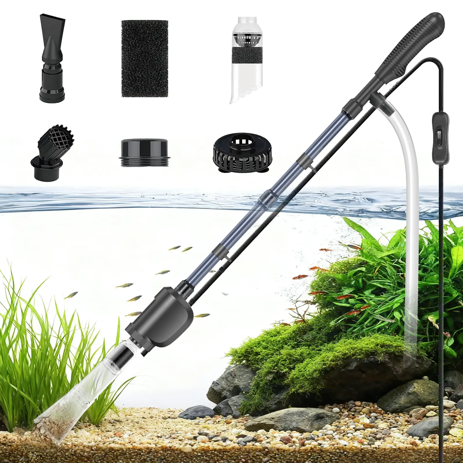 3-in-1 ABS Plastic Aquarium Electric Vacuum Gravel Cleaner, Fish Tank Water Exchanger with Mesh Filtration, Waste Removal & Sand Washing Functionality