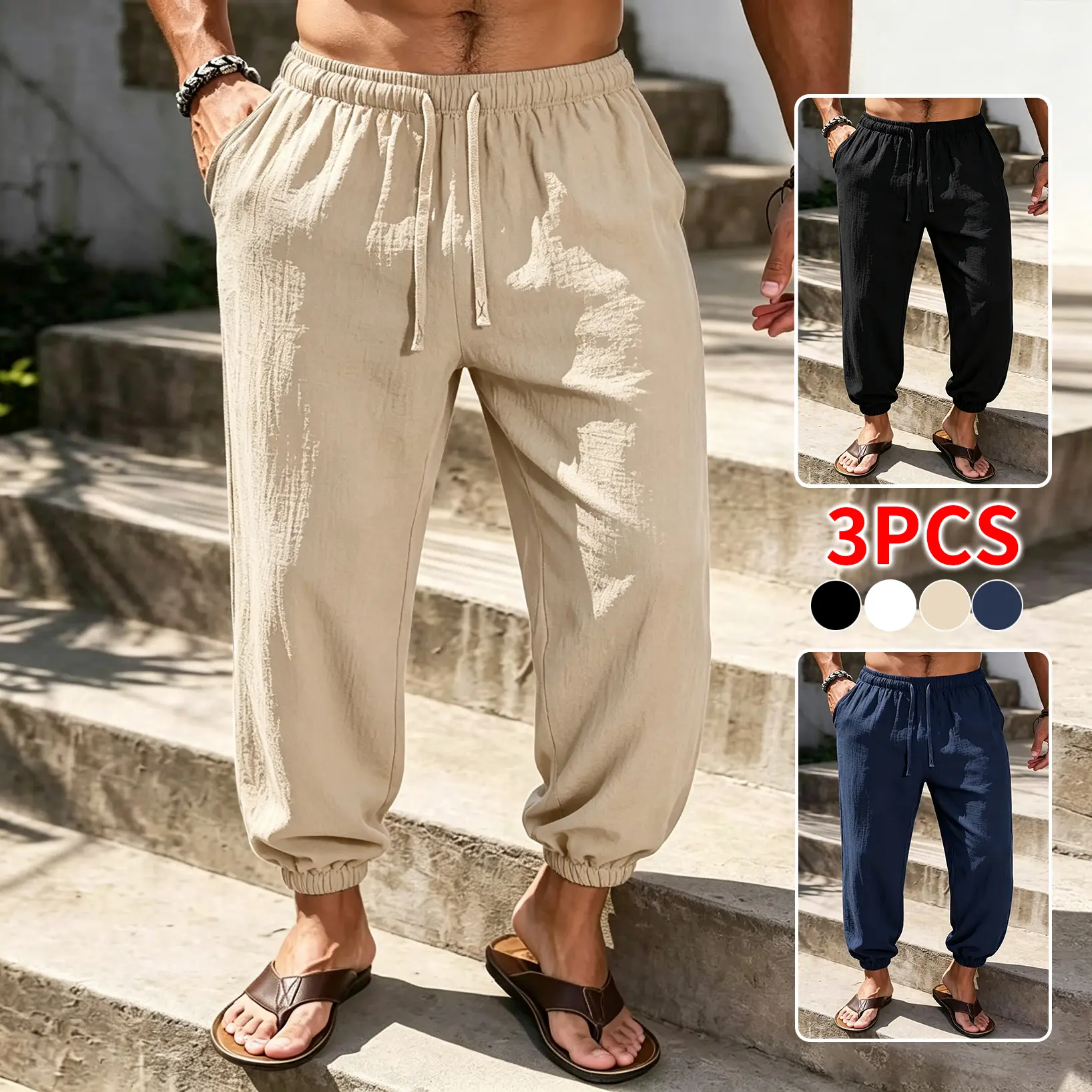 3-PCS Breathable Non-Stick Cotton-Linen Casual Pants for Men — Elastic Drawstring, High Waist, Figure-Concealing Slimming Fit, 9/10 Length Cuffed Lantern Style