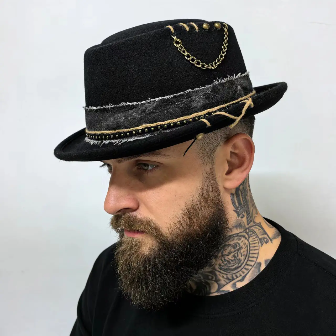 Fashion Men Black Pork Pie Hat Handmade Fedora Hat Trilby Fascinator Hat Pop Church Hat Can Adjusted Size