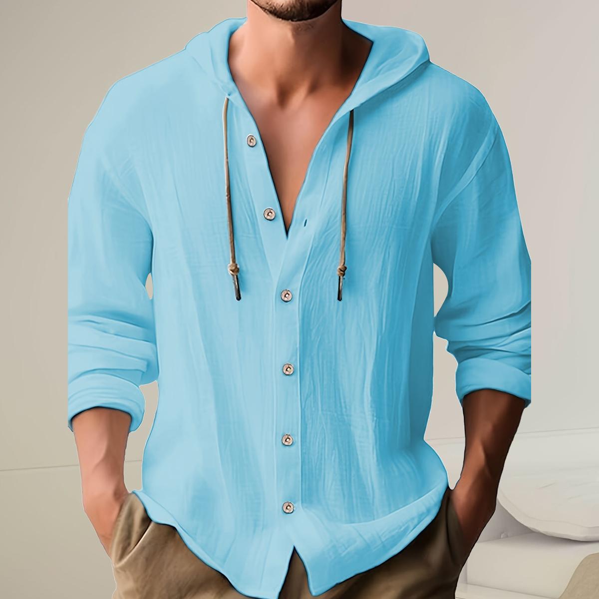 Men's casual hooded long-sleeved shirt, adjustable drawstring hood, non-elastic fabric, regular fit, suitable for spring and autumn outdoor hiking, camping, daily wear and party occasions, as well as gift for festivals