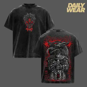 Guts Berserk Anime Double Printed Unisex Oversized Washed Tee, Dark Fantasy Manga Heavyweight Cotton Streetwear Gift