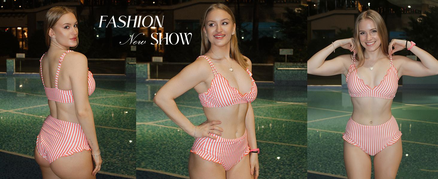 【S-XL】Hanna Nikole Women High Waisted Bikini Sets Ruffle, 2 Piece Bathing Suit Tummy Control, Sexy Retro Swimsuits Beachwear
