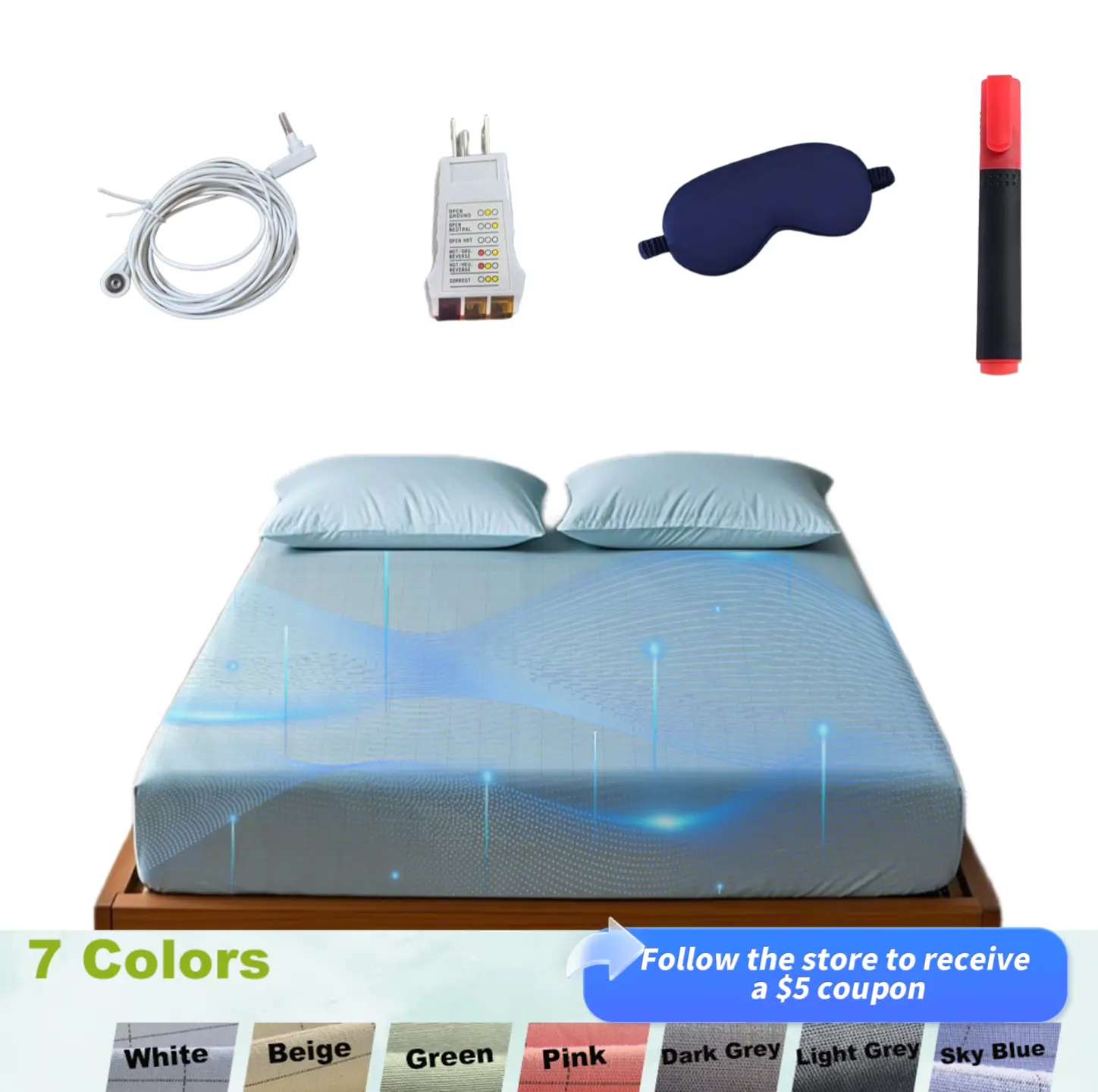 Premium Silver Soft Cotton Grounding Bed Sheets Conductive Earthing Fitted Sheet with Grounding Cord, Anti-Inflammatory, EMF Protection Breathable Bedding