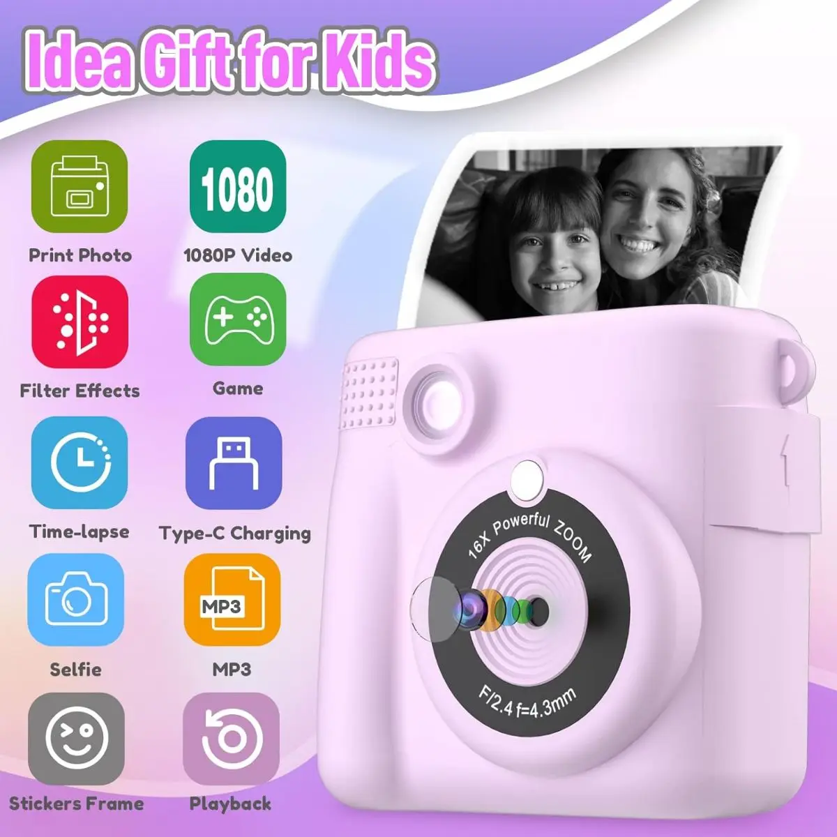 Pink Soft Plastic Instant Print Kids Camera (3-12 Years Old) - 1080p HD Digital Video, Portable Rechargeable Toy with Games & MP3 Support, 32GB SD Card Included, Birthday/Christmas Gift (Phones & Electronics, Instant Cameras), Easter, Holiday, 16X Digital