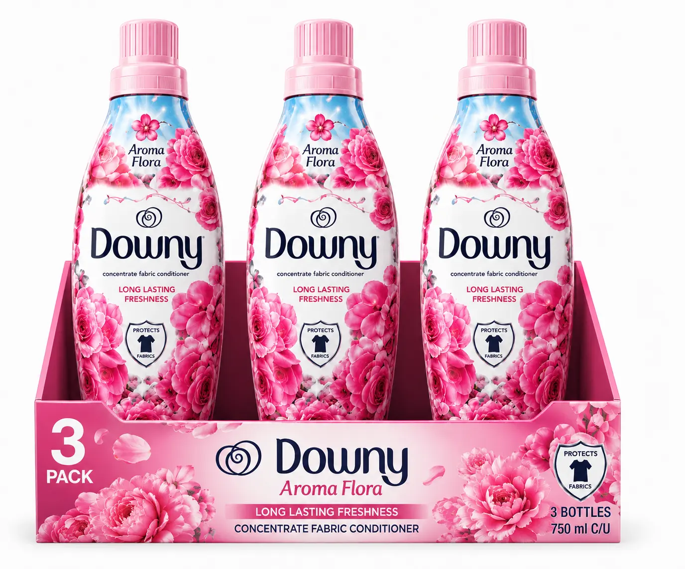 Downy Aroma Flora Concentrated Fabric Conditioner, 3 Pack, 750 ml Bottles, Long-Lasting Floral Freshness