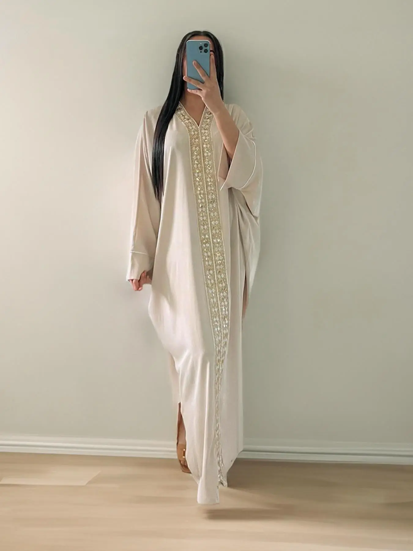 Arabic Clothing, Contrast Sequin Batwing Sleeve V Neck Caftan Design Kaftan Dress, Elegant Long Sleeve Arabian Dress for Women, Women's Islamic Clothing for Summer, Modesty Muslim Clothing, Modest Clothes, Muslim Gown