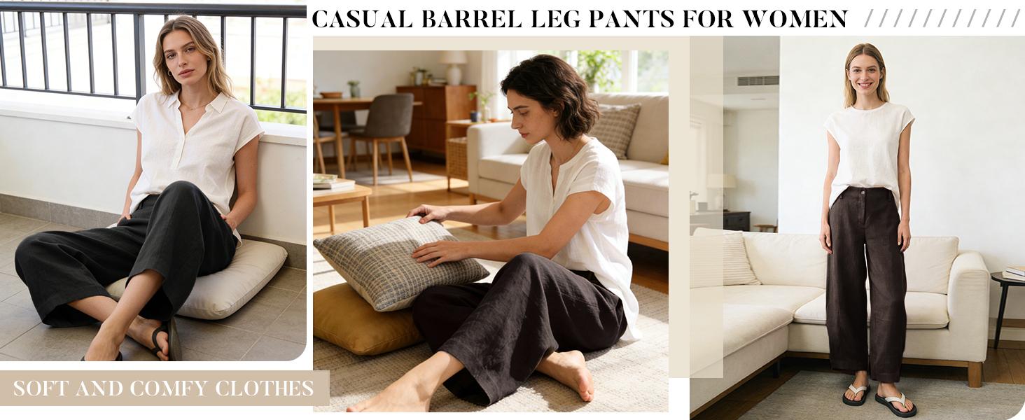 Tanming Women's Casual Baggy Linen Blend Pants, High Waisted Pull On Wide Leg Style with Pockets for Summer, Bottom, Cotton, Zip