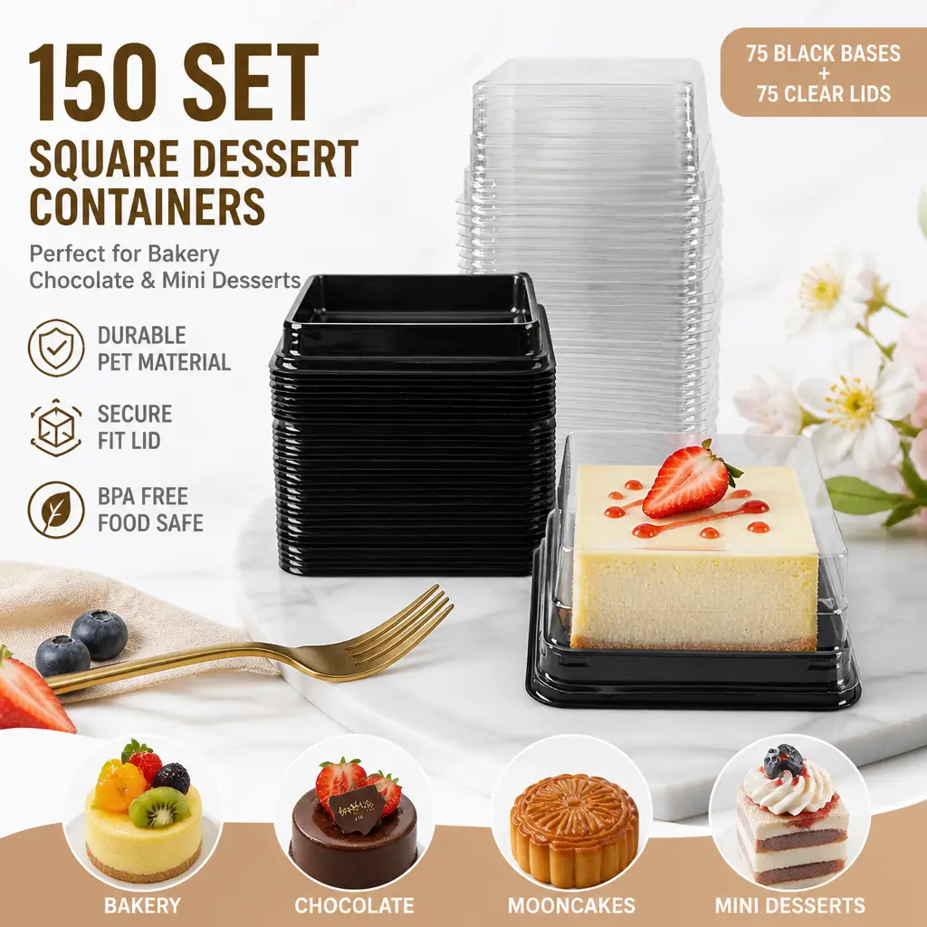 150-Pack Black Polyethylene Terephthalate Plastic Dessert Containers with Transparent Lids - Reusable Bakery Storage, Preserves Freshness/Shape, Saves Space, Ideal for Home Baking & Events (Fits Mooncake, Chocolate & Mini Desserts)