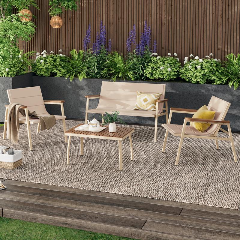 Suntone Modern 4-Piece Patio Conversation Set All-Weather Outdoor Furniture with Acacia Wood Table & Beige Cushions
