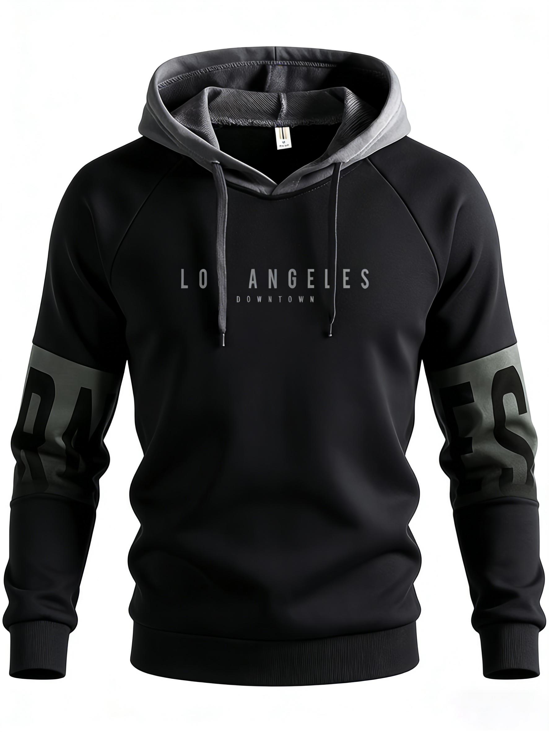 Men's Los Angeles Downtown Pattern Hoodie | Black and Gray Colorblock Pullover, Contrast Color Hood, Long Sleeve Letter Print, Soft Casual Sweatshirt, Suitable for Everyday, Street, Travel Wear