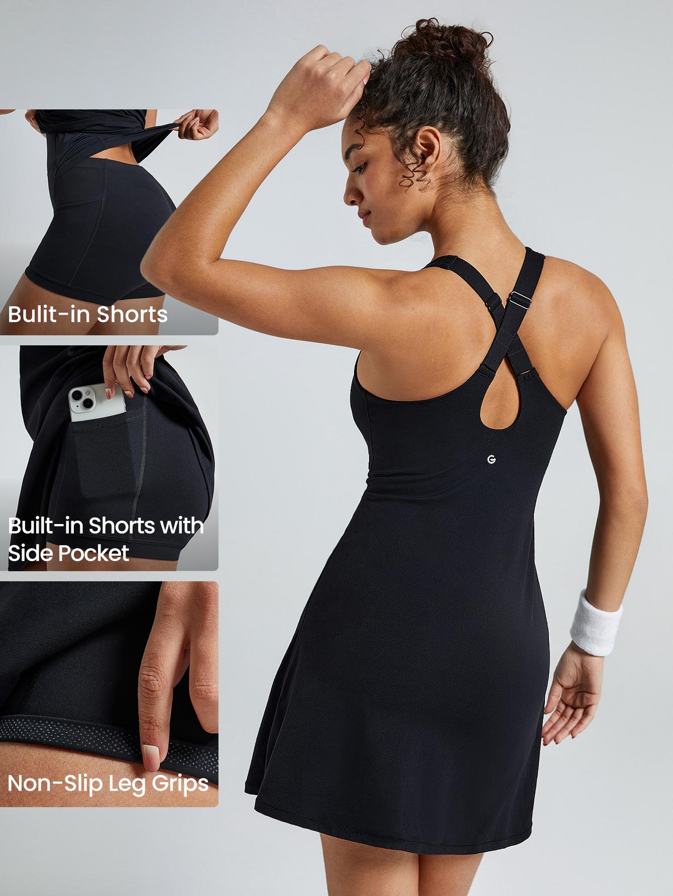 GLOWMODE FeatherFit-Air Peekaboo Strappy Dress With Built-In Anti-Slip Shorts Low Impact Yoga Summer Dress TikTokShopBlackFriday Black Dress Quick Dry Moisture Wicking