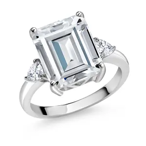 5-7 Ctw Gemstone Birthstone and Moissanite 3-Stone Ring for Women | 925 Sterling Silver | Emerald Cut 12X10MM | Wedding Anniversary Engagement Ring