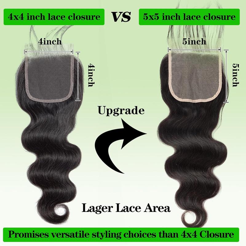 Body Wave Bundles with 5x5 lace Closure Human Hair 100% Unprocessed Brazilian Virgin 15A Body Wave Human Hair Weave Bundles with 5x5 HD Lace Closure Natural Color for women