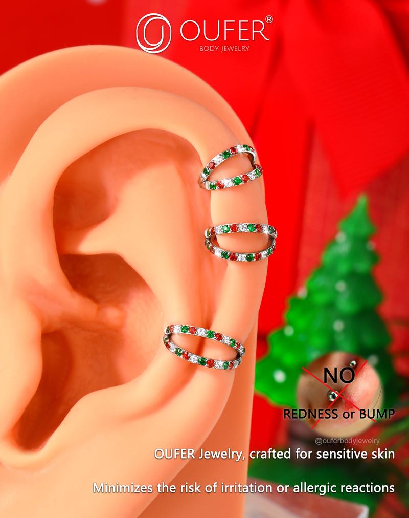 Oufer Halloween 20G AAA+ Grade CZ Hinged Double Row Nose Nostril Piercing Hoop Ring 316L Stainless Steel 5mm-12mm Inner Diameter for Conch Helix Lobe Tragus Cartilage Jewelry