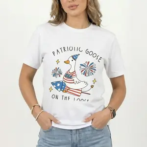 Patriotic Goose On The Loose T-Shirt, Funny Silly Goose Graphic Tee, USA Flag Independence Day Shirt, 4th of July Unisex Cotton Gift