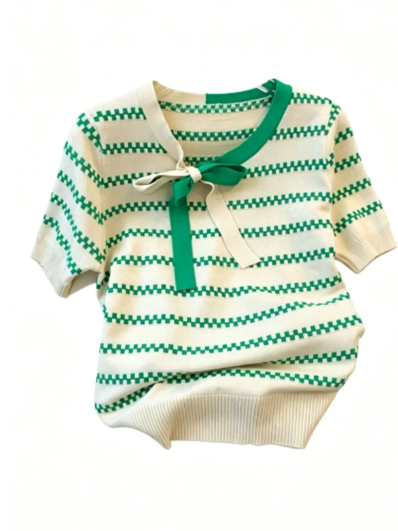 Women's Short Sleeve Striped Knit Sweater, Knitwear, Fashion Casual Loose Knit Summer Top, Versatile Daily Wear, Ladies' Stylish Outerwear