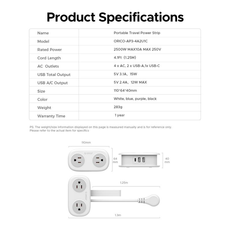 Travel Power Strip, ORICO 4 Outlets 3 USB Ports (1 USB C) with 4FT Wrapped Short Extension Cord Small Power Strip, Compact for Hotel Travel Essentials Cruise Approved