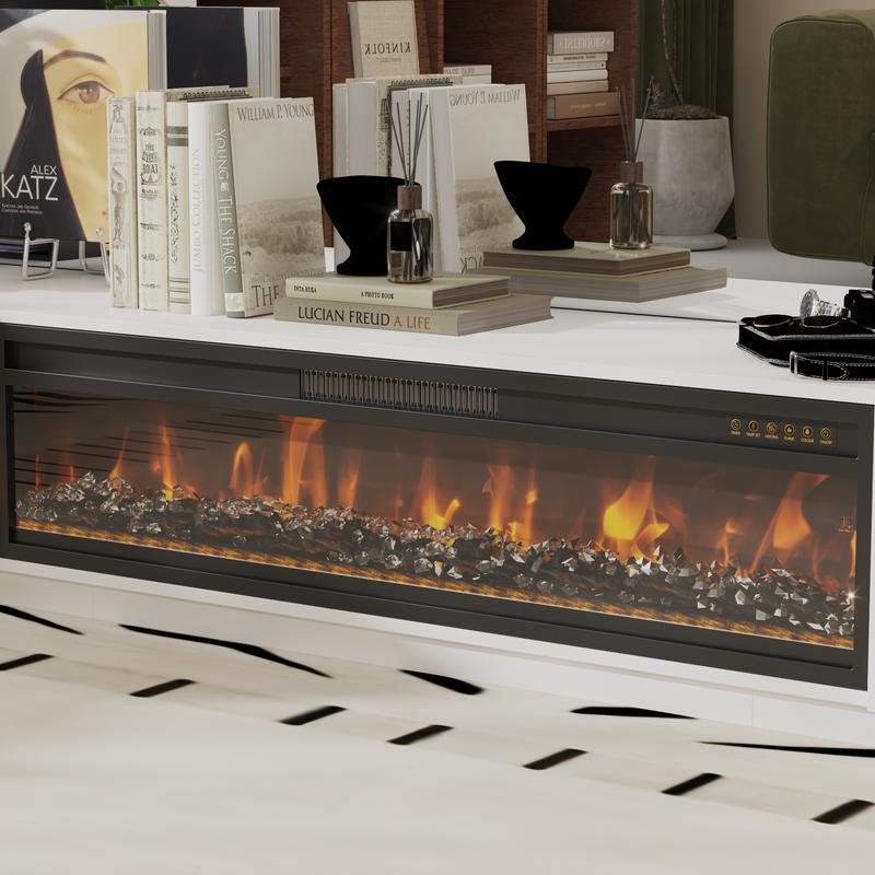 FUFU&GAGA Fireplace TV Stand for TVs Up to 109" with 46" Electric Fireplace Heater LED Light Media Console Storage Cabinet, White Entertainment Center for Living Room