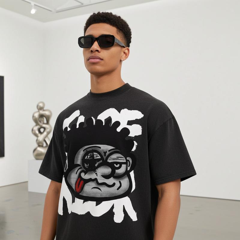 Sopula Studio Men's Vintage Big Face Cotton Graphic T-Shirt  funny Streetwear Crewneck