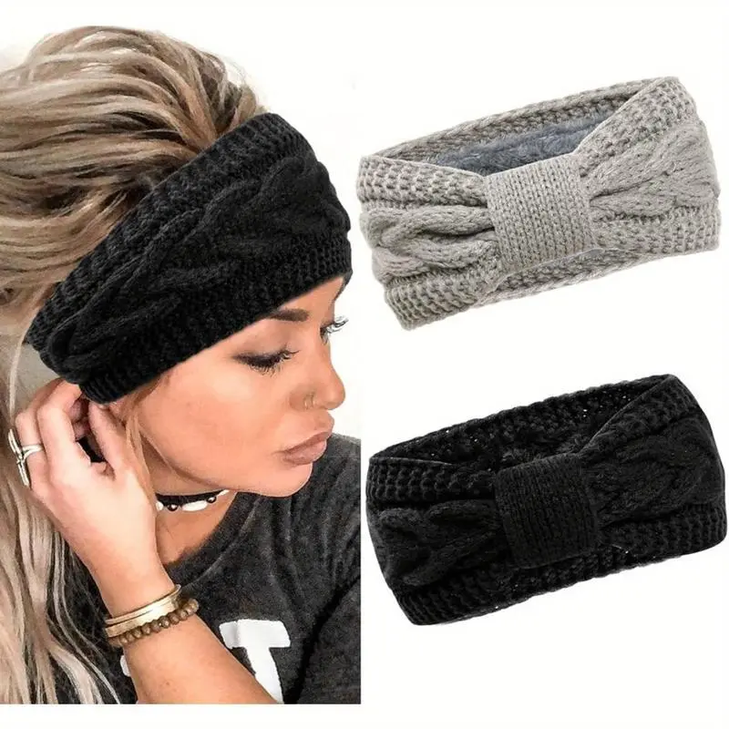 Women's 2-Pack Bow-Front Winter Furry Ear Warmer Headbands, Soft Stretchy Polyester Hairbands, Cozy Cold-Weather Accessories, 1-Size-Fits-Most Unisex Elastic Jacquard Storage (TikTok Shop Black Friday), Bow-Front Headbands