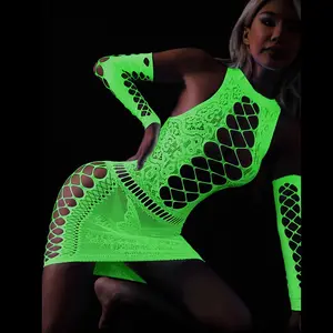 Fluorescent Netting Luminous Jumpsuit Sexy Pantyhose Neon Green Lace Cutouts for Nightlife Fishnet Women's lingerie lady exotic intimate intimates