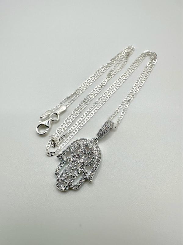 Hamsa Hand of Fatima with Evil Eye  925 Sterling Silver Pendant with 20” Marine Chain — Symbol of Protection & Good Energy