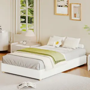 Twin Size Cloud Bed Frame,Corduroy Low Bed Frame Without Headboard, Thick Fabric Upholstered Platform Bed,Solid Wood Legs, No Box Spring Needed,White