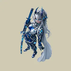 Cyber Demon Samurai Girl Vinyl Sticker, Blue Mecha Oni Warrior Anime Decal With Katana Sword, Futuristic Gamer Aesthetic Sticker For Laptop Car Phone Water Bottle
