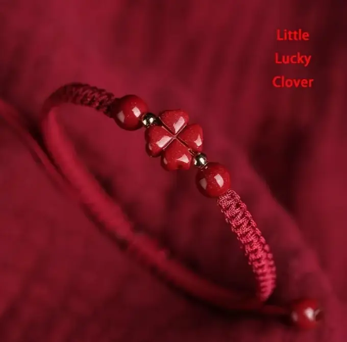 Little Lucky Clover - Golden Adjustable Red Clover Charm Bracelet Vintage-Inspired Braided Rope with Bead Accents for Everyday Good Luck & Happiness