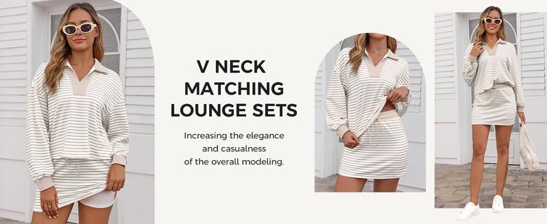 Fisoew Striped 2 Piece Outfits Casual Sweatshirt Skirt Set Long Sleeve Skort Workout Set Matching Lounge Sets Women's Matching Sets Women #Springtok #TikTokShopHolidayHaul #TikTokShopJumpstartSale Fabrics Elastic two piece set Elegance Shorts