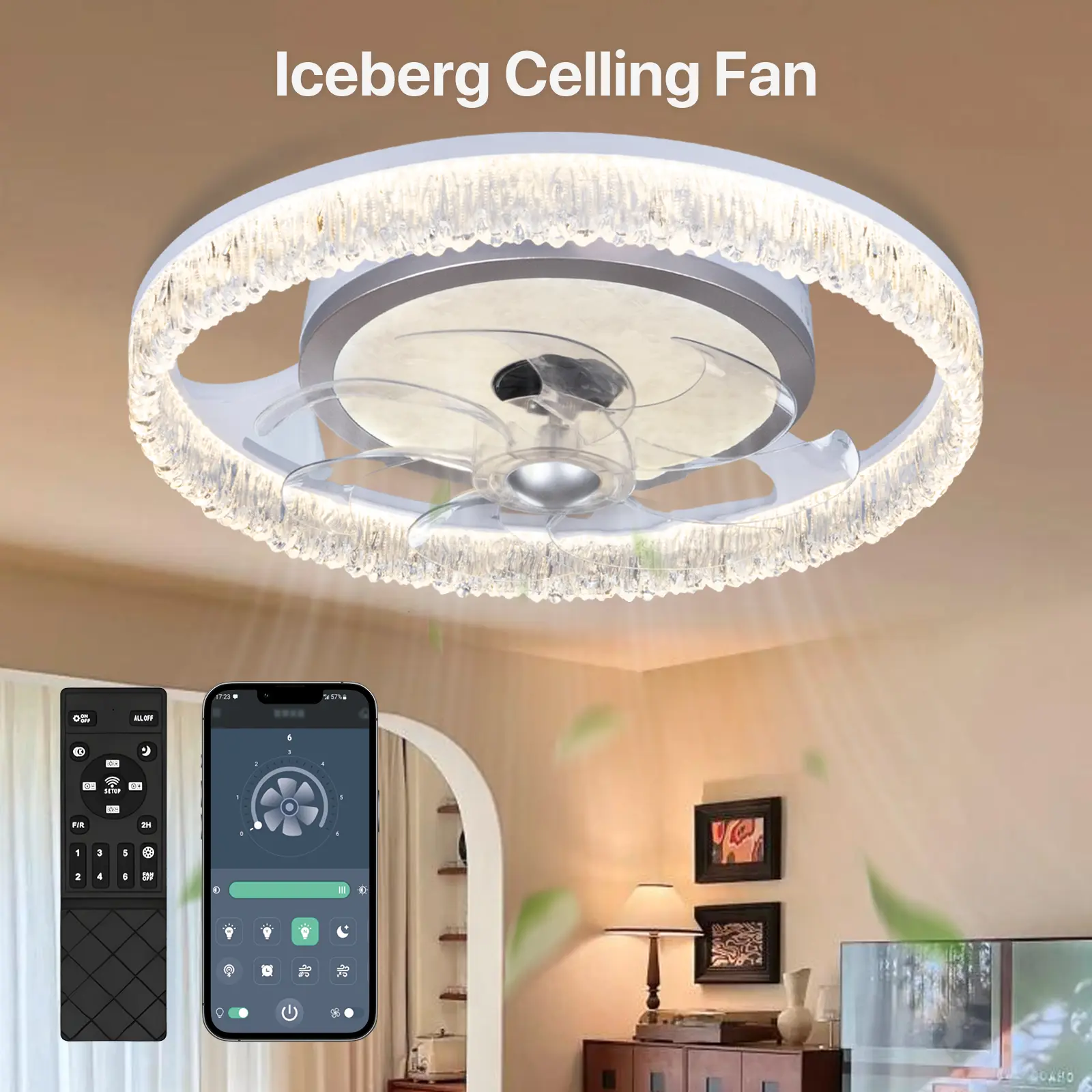 GALENTAL Crystal Frame Shine Ceiling Fan with Energy-Efficient Adjustable LED Lighting, Remote/APP Control, 6 Wind Speeds, Timing, Reversible DC Motor, 3 Color Temperatures, Low Noise, Aesthetic for Living Room, Bedroom, Adjustable Led Ceiling Lighting