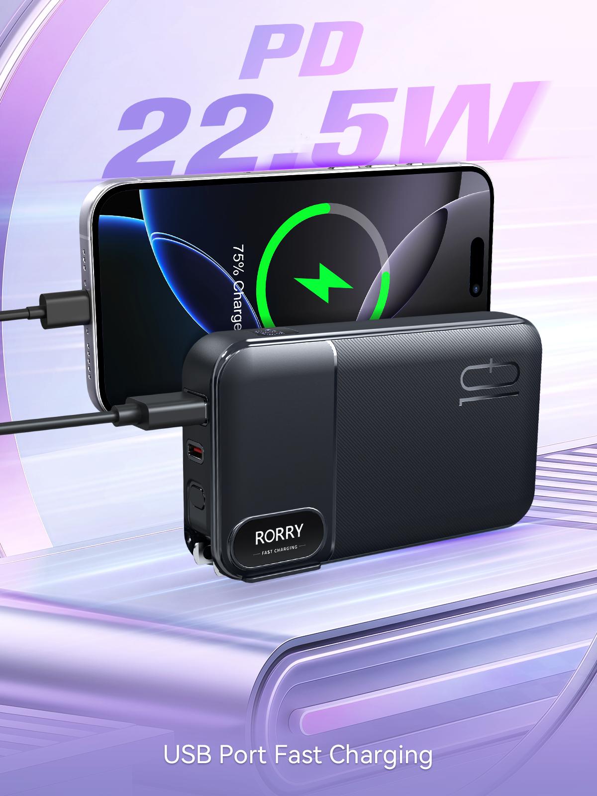 RORRY 10000mAh Portable Charger with Built-in Cables & AC Wall Plug 22.5W Fast Charging for iPhone Samsung Galaxy LG iPad Lightweight Power Bank Smartphone Compact Battery Packs Foldable