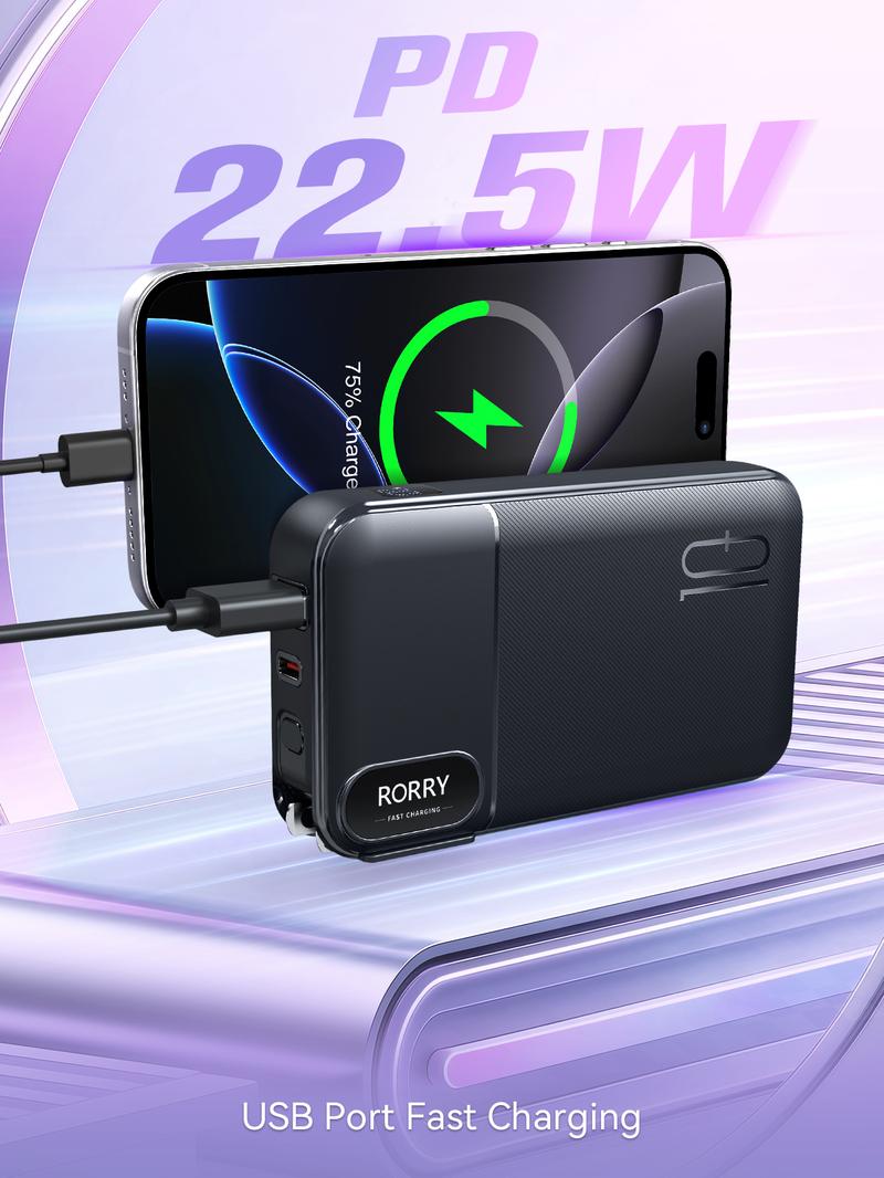 RORRY 10000mAh Portable Charger with Built-in Cables & AC Wall Plug 22.5W Fast Charging for iPhone Samsung Galaxy LG iPad Lightweight Power Bank Smartphone Compact Battery Packs Foldable   valentinesdaygiftideas