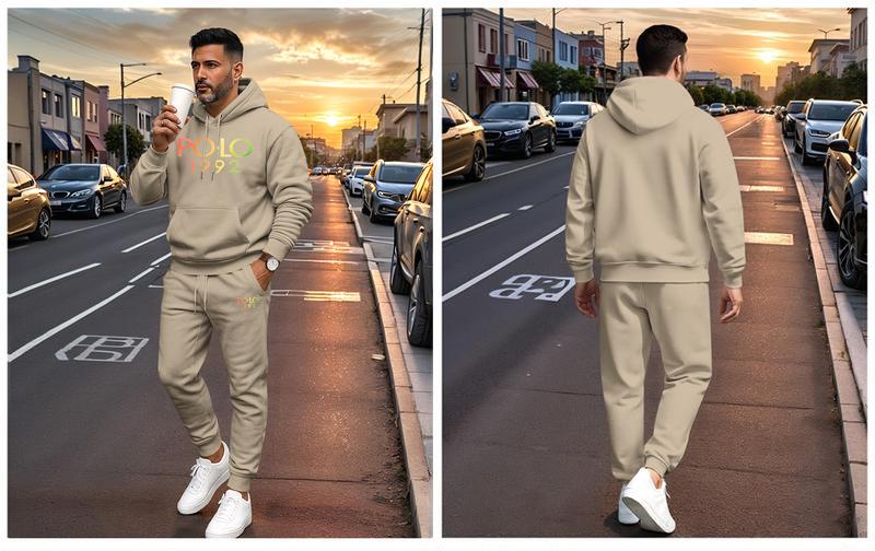 Men's Polo 1992 Print Hoodie & Drawstring Sweatpants Set, 100% Polyester, Casual Athletic Long Sleeve, Soft Breathable Fabric, Loose Fit, Spring Autumn Winter Tracksuit, Minimalist Style