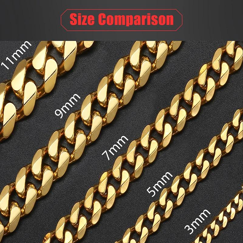 3-11mm Stainless Steel Necklace  for Men Women Cuban Link Chain Gold Color Choker Basic Punk Jewelry 18inch-30inch