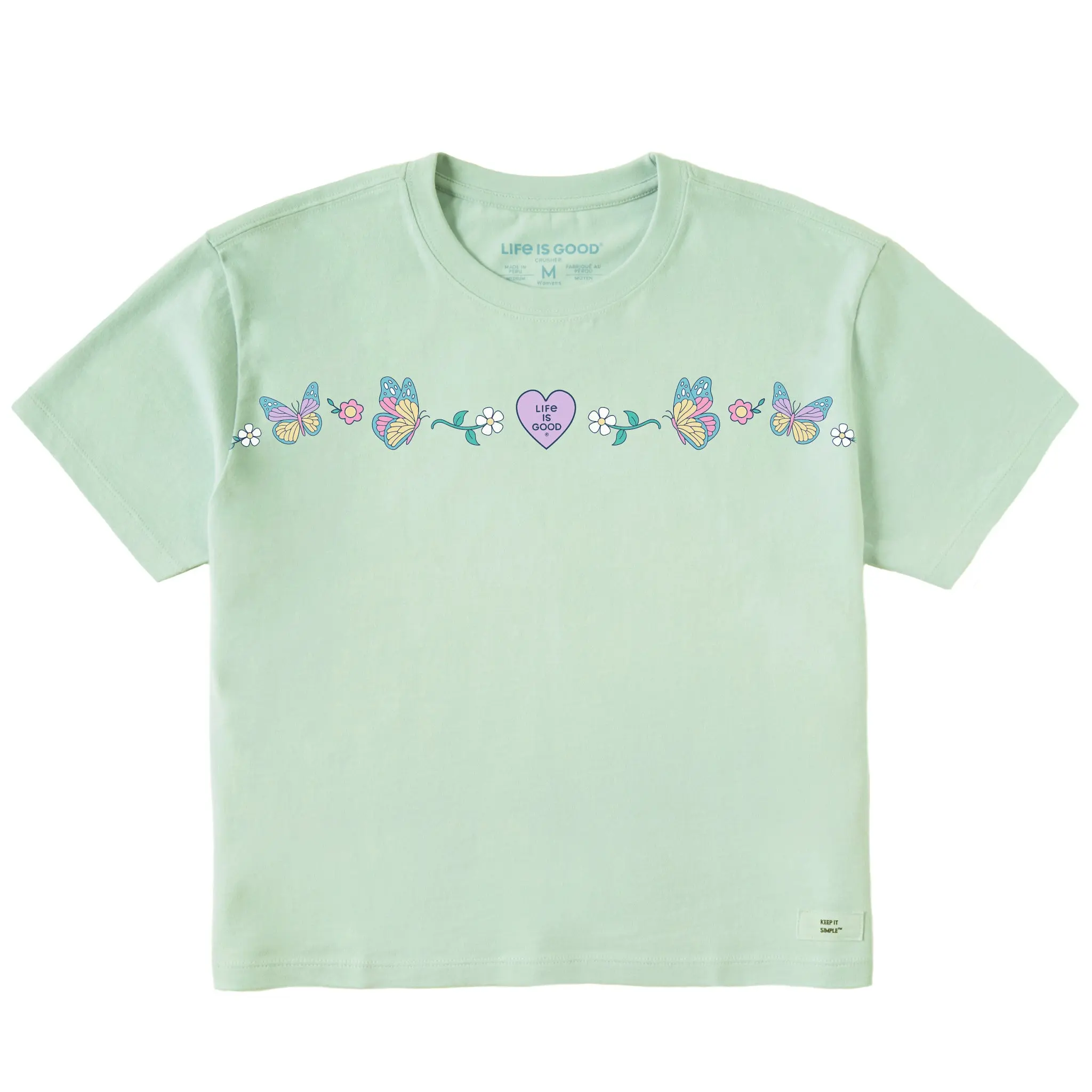 Women's Floral Butterfly Heart Short Sleeve Crusher Boxy Tee