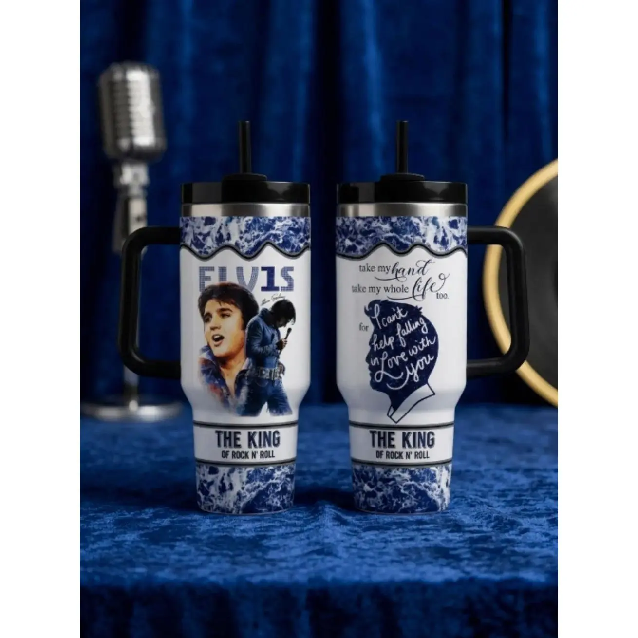 Elvis Presley King of Rock 40oz 30oz 20oz Tumbler with Handle & Straw, Insulated Stainless Steel Travel Cup, Patriotic Eagle Graphic, Double Wall Vacuum Mug, Rock Music Fan Gift