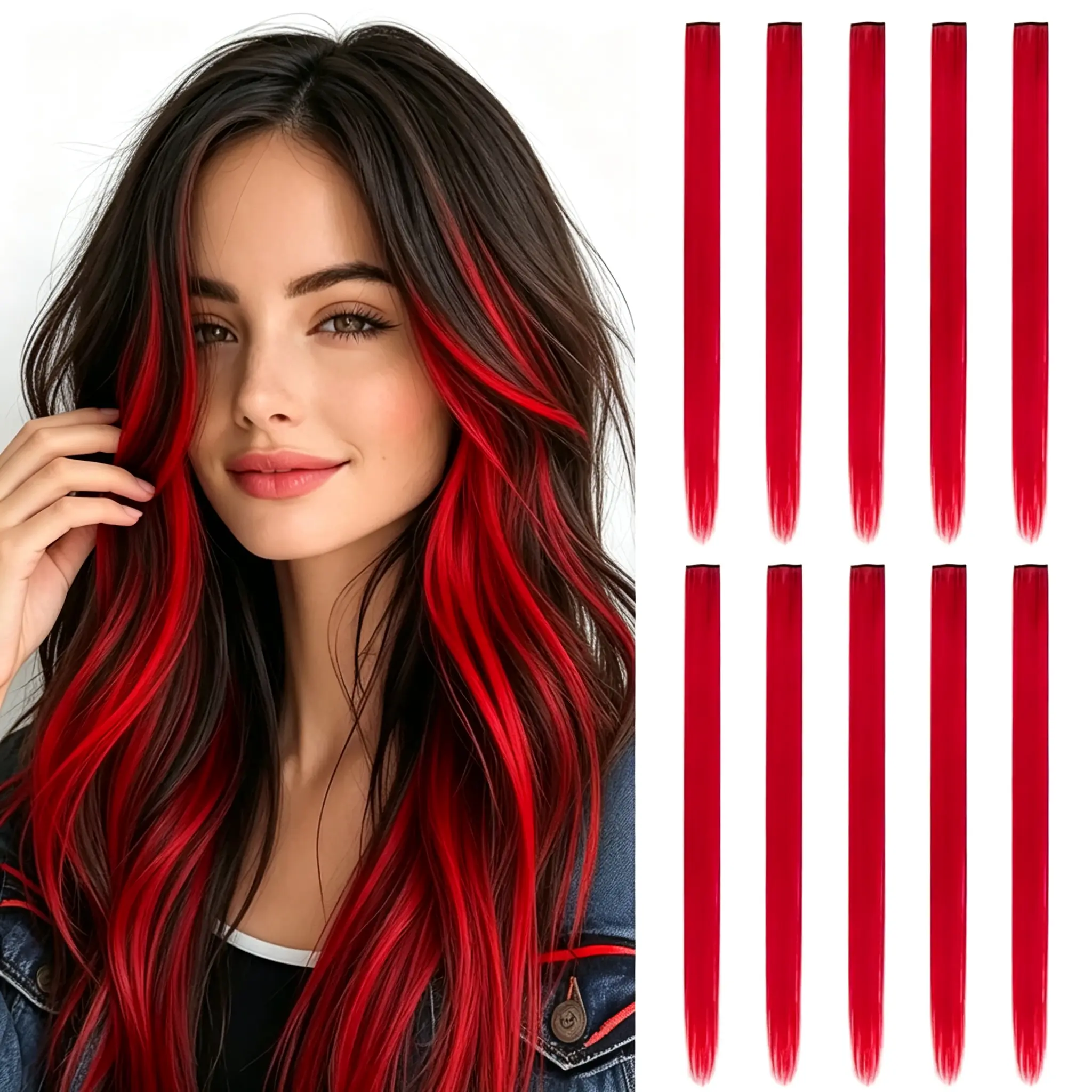 Clip In Hair Extensions - 22" Long Straight Synthetic Fiber, Hand-Sewn Wefts, Funky Synthetic Extensions & Pieces, Party Wear Accessory for Kids & Women Gift