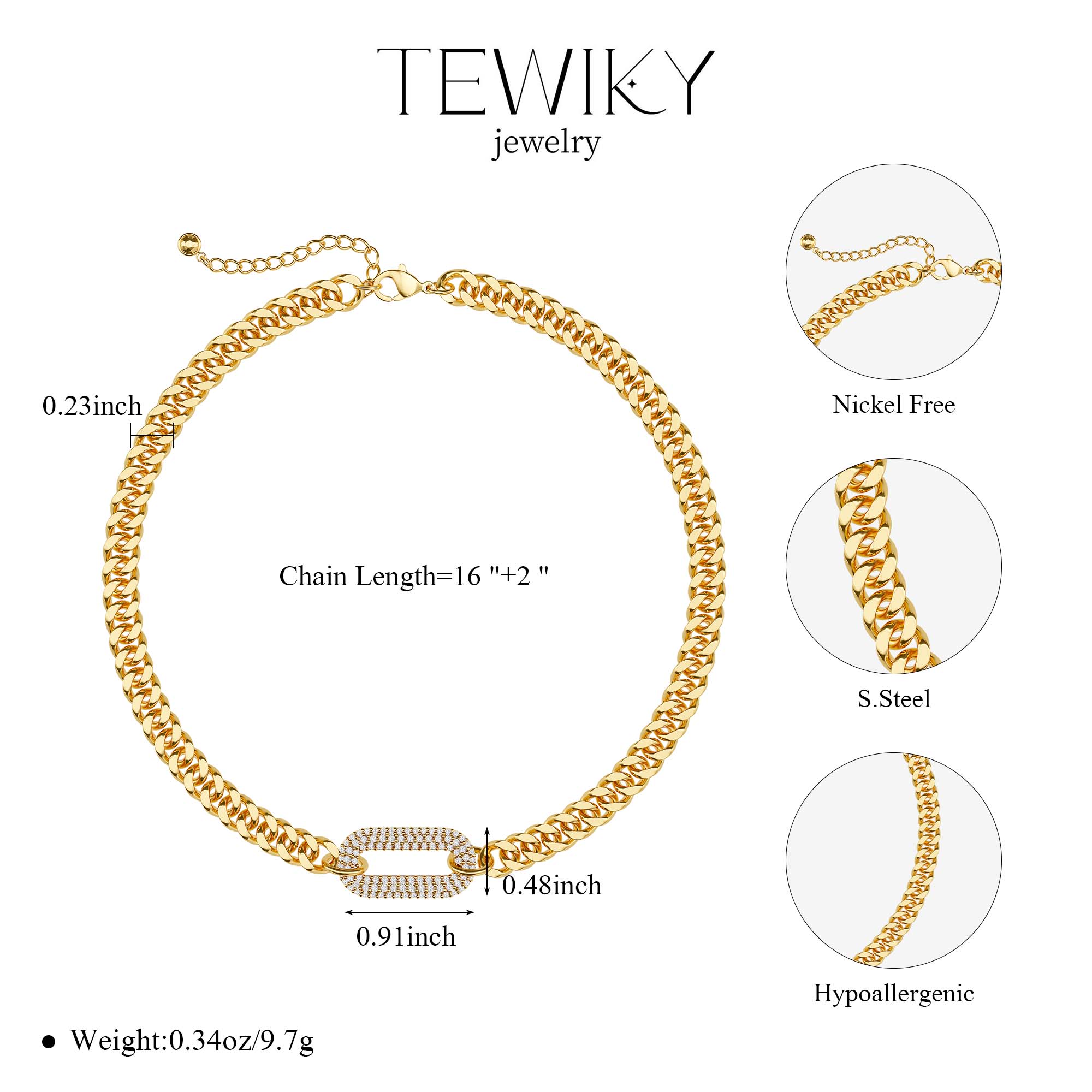 Tewiky 14K Gold Plated Cuban Link Chain Necklace with Zircon Clasp for Men Women，Trendy Cuban Necklace For Women Gift For Valentine's Day gifts
