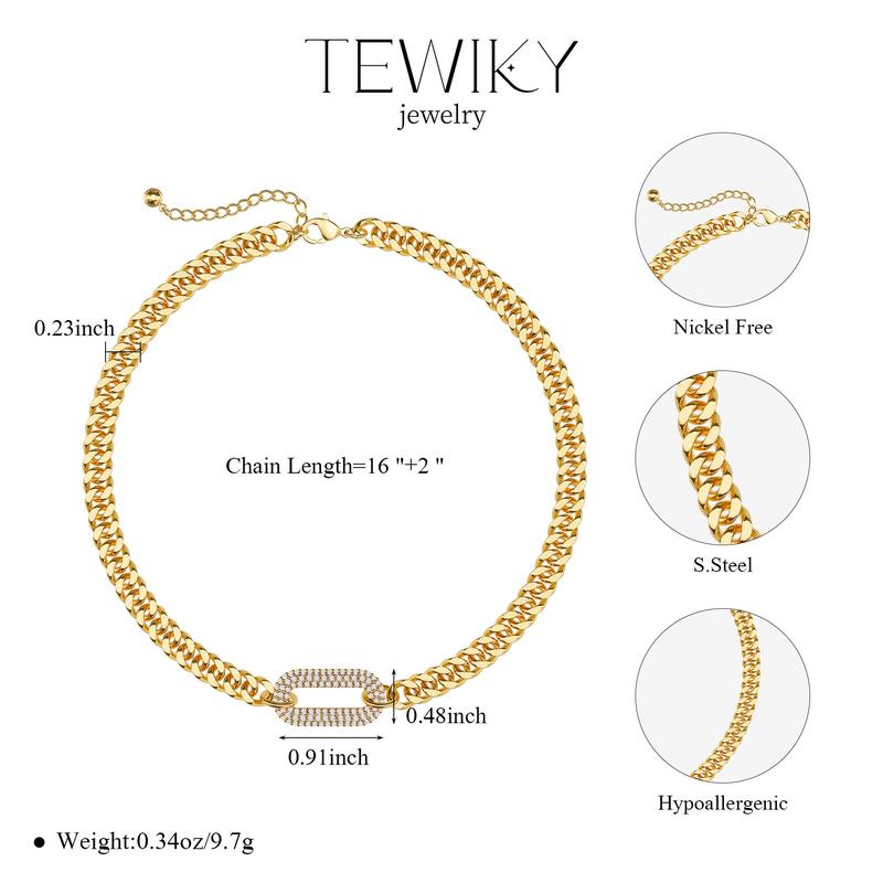Tewiky 14K Gold Plated Cuban Link Chain Necklace with Zircon Clasp for Men Women，Trendy Cuban Necklace For Women Gift For Valentine's Day gifts