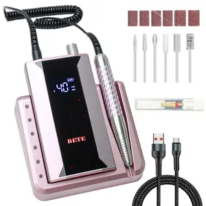 BETE Professional Nail Drill Machine, 0-40000RPM Brushless Durable Electric Nail File for Acrylic Gel Nails, Rechargeable Nail Drill with Charging Base with 6pcs Drill Bits for Salon Home, Pink